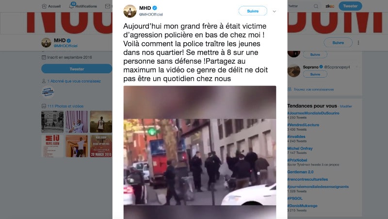 Le rappeur MHD a diffusé sur Twitter les images de "l'agression policière" dont a été victime son frère mardi soir