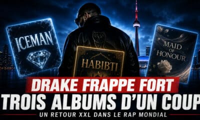 Visuel éditorial illustrant Drake et la sortie simultanée de trois albums, “Iceman”, “Habibti” et “Maid of Honour”, sur fond de skyline de Toronto