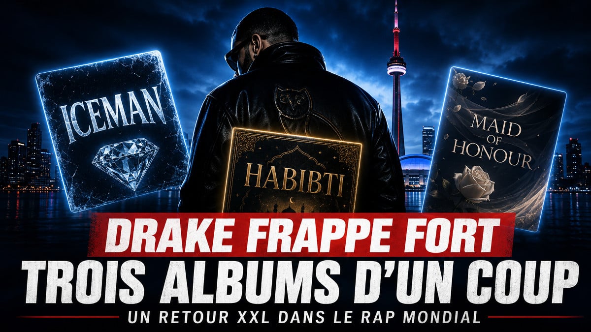 Visuel éditorial illustrant Drake et la sortie simultanée de trois albums, “Iceman”, “Habibti” et “Maid of Honour”, sur fond de skyline de Toronto